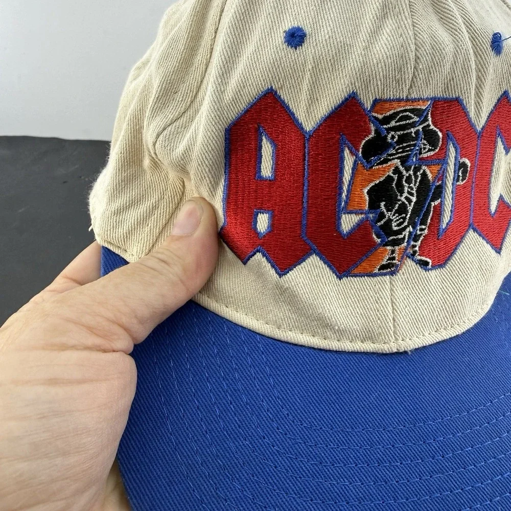 VINTAGE AC/DC Hat Cap Snap Back Blue White Embroidered Graphic Band Mens 90s